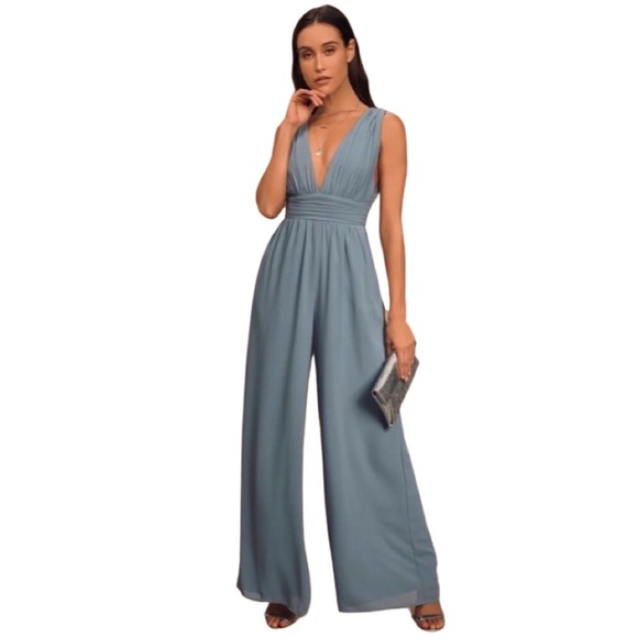 Lulus Pants - NWT LULU’S Deep Plunge Baby Blue Chiffon Jumpsuit